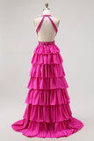 Fuchsia Halter Ruffled A-Line Long Prom Dress with Beading