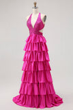 Fuchsia Halter Ruffled A-Line Long Prom Dress with Beading