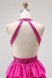 Fuchsia Halter Ruffled A-Line Long Prom Dress with Beading