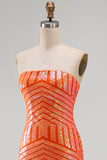 Sparkly Orange Sequins Mermaid Strapless Maxi Prom Dress with Slit