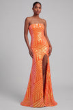 Sparkly Orange Sequins Mermaid Strapless Maxi Prom Dress with Slit