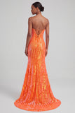 Sparkly Orange Sequins Mermaid Strapless Maxi Prom Dress with Slit