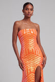 Sparkly Orange Sequins Mermaid Strapless Maxi Prom Dress with Slit