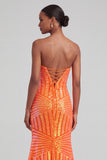 Sparkly Orange Sequins Mermaid Strapless Maxi Prom Dress with Slit