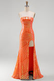 Sparkly Orange Sequins Mermaid Strapless Maxi Prom Dress with Slit
