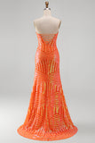 Sparkly Orange Sequins Mermaid Strapless Maxi Prom Dress with Slit