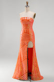 Sparkly Orange Sequins Mermaid Strapless Maxi Prom Dress with Slit