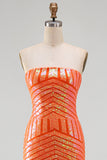 Sparkly Orange Sequins Mermaid Strapless Maxi Prom Dress with Slit