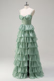 Dusty Sage Corset Tiered A-Line Bridesmaid Dress with Slit