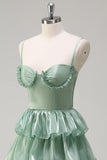 Dusty Sage Corset Tiered A-Line Bridesmaid Dress with Slit