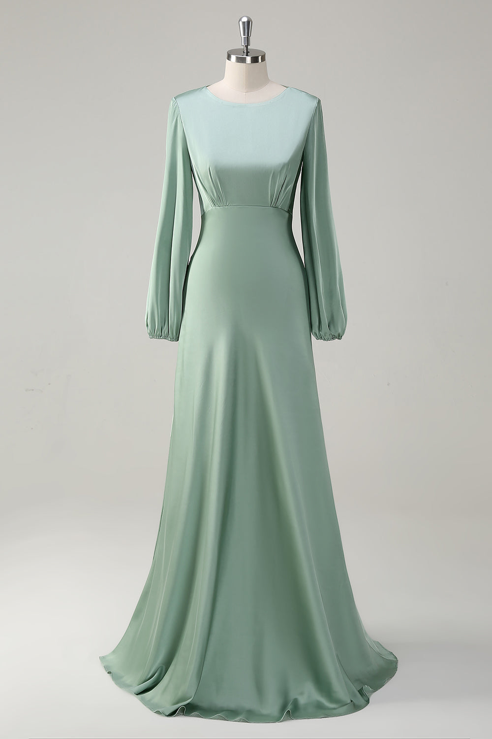 Leely Women Sage Satin A-Line Bridesmaid Dress Long Sleeves Round Neck Floor Length Wedding Guest Dress leelyuk Leely Women Sage Satin A-Line Bridesmaid Dress Long Sleeves Round Neck Floor Length Wedding Guest Dress leelyuk
