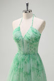 Green Halter Ruffled A-Line Floral Bridesmaid Dress with Slit