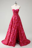 Fuchsia Sweetheart Corset Floral Ball Gown Prom Dress with Slit