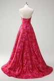 Fuchsia Sweetheart Corset Floral Ball Gown Prom Dress with Slit