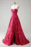 Fuchsia Sweetheart Corset Floral Ball Gown Prom Dress with Slit