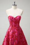 Fuchsia Sweetheart Corset Floral Ball Gown Prom Dress with Slit