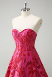 Fuchsia Sweetheart Corset Floral Ball Gown Prom Dress with Slit