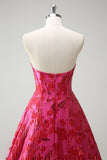 Fuchsia Sweetheart Corset Floral Ball Gown Prom Dress with Slit