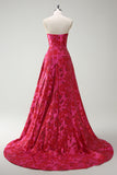 Princess Fuchsia Strapless Floral Ball Gown Prom Dress with Slit