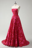 Princess Fuchsia Strapless Floral Ball Gown Prom Dress with Slit