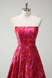 Princess Fuchsia Strapless Floral Ball Gown Prom Dress with Slit
