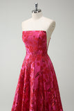 Princess Fuchsia Strapless Floral Ball Gown Prom Dress with Slit