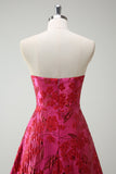 Princess Fuchsia Strapless Floral Ball Gown Prom Dress with Slit