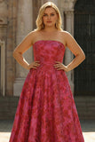Princess Fuchsia Strapless Plus Size Floral Ball Gown Prom Dress with Slit