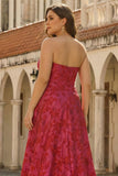 Princess Fuchsia Strapless Plus Size Floral Ball Gown Prom Dress with Slit