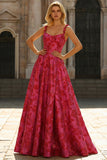 Fuchsia Corset Plus Size Spaghetti Straps Ball Gown Floral Prom Dress with Slit