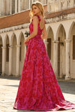 Fuchsia Corset Plus Size Spaghetti Straps Ball Gown Floral Prom Dress with Slit