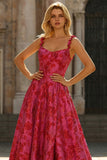 Fuchsia Corset Plus Size Spaghetti Straps Ball Gown Floral Prom Dress with Slit