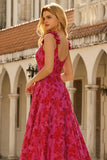 Fuchsia Corset Plus Size Spaghetti Straps Ball Gown Floral Prom Dress with Slit