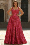 Fuchsia Spaghetti Straps Corset Floral Ball Gown Prom Dress with Slit