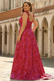 Fuchsia Spaghetti Straps Corset Floral Ball Gown Prom Dress with Slit