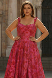 Fuchsia Corset Plus Size Spaghetti Straps Ball Gown Floral Prom Dress with Slit