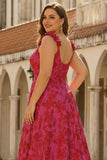 Fuchsia Corset Plus Size Spaghetti Straps Ball Gown Floral Prom Dress with Slit