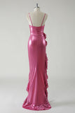 Fuchsia Strapless Metallic Flower Ruffled Prom Dress with Slit