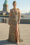 Khaki Leopard Printed Corset Spaghetti Straps Prom Dress with Slit