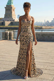 Khaki Leopard Printed Corset Spaghetti Straps Prom Dress with Slit