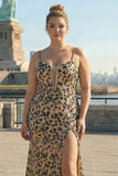 Khaki Leopard Printed Corset Spaghetti Straps Prom Dress with Slit