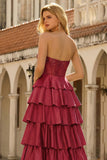 Burgundy Strapless Tiered Satin Corset A-Line Prom Dress