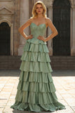 Green Strapless Tiered Corset Satin A-Line Prom Dress