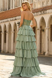 Green Strapless Tiered Corset Satin A-Line Prom Dress