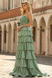 Green Strapless Tiered Corset Satin A-Line Prom Dress