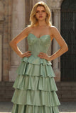 Green Strapless Tiered Corset Satin A-Line Prom Dress