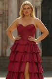 Burgundy Strapless Tiered Satin Corset A-Line Prom Dress