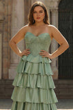 Green Strapless Tiered Corset Satin A-Line Prom Dress
