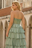 Green Strapless Tiered Corset Satin A-Line Prom Dress