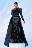 Gorgeous Black Mermaid High Neck Long Sleeves Beaded Prom Dress